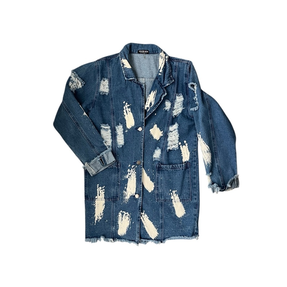 Fashion Nova distressed blue denim duster jacket with white paint splatters - Picture 3 of 13